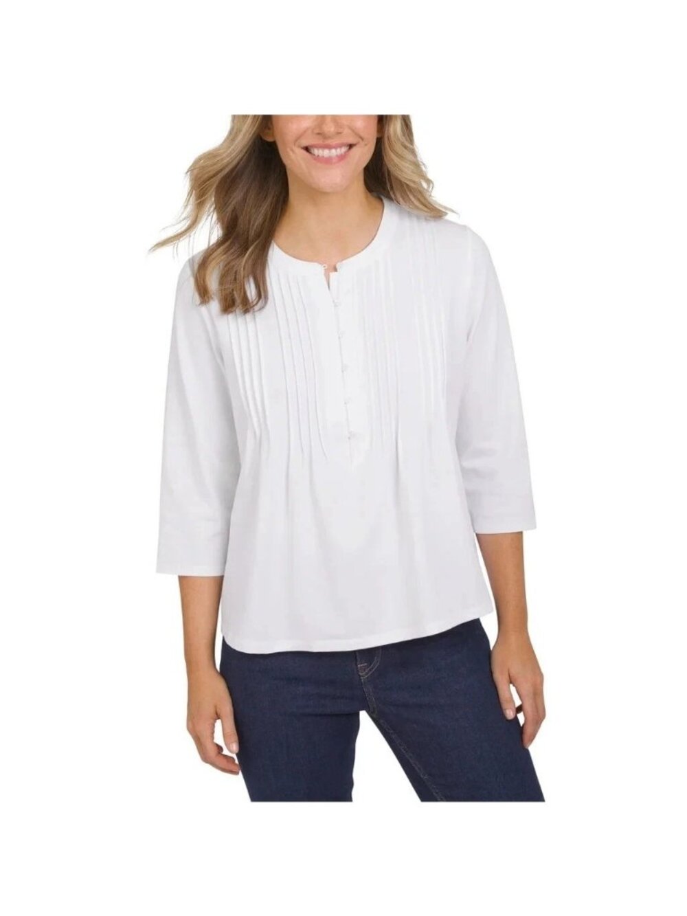Lands' End Women's L White 3/4 Sleeve Pintuck Tunic Top B1024